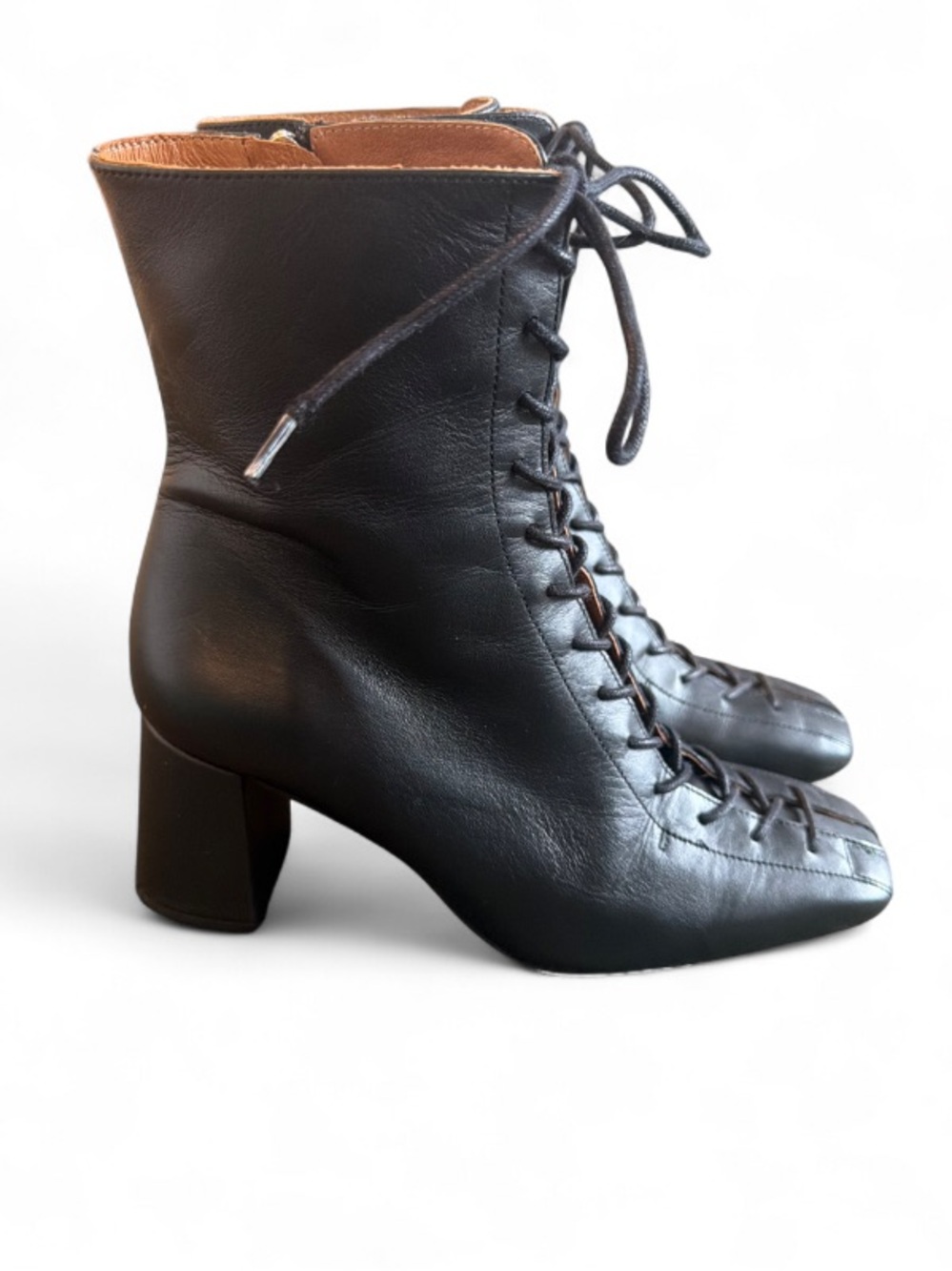 Women's Black Leather Lace-Up Ankle Booties with Tan Interior